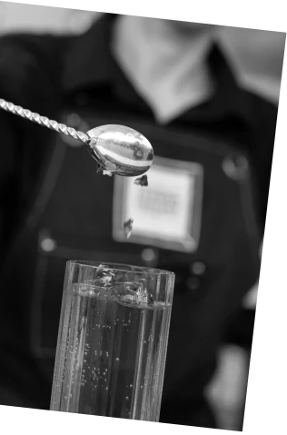 Black and white picture of an Axia Mastiha Spirit and London Essence Raspberry and Rose Soda with rose water and petals cocktail