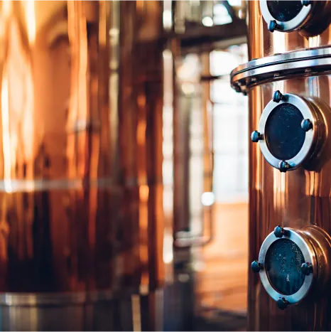 A close-up shot of gleaming copper distillery equipment, featuring rounded viewing windows with dark interiors, set against a softly blurred background of more copper machinery and industrial elements.