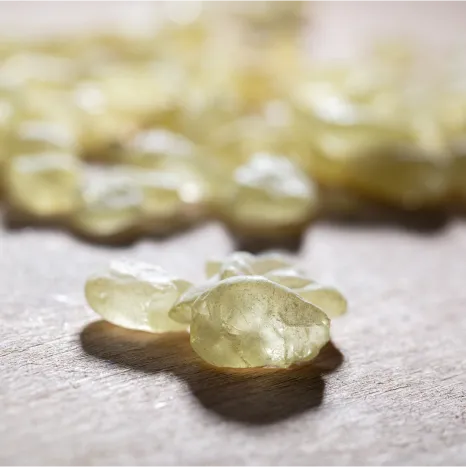 A close-up of translucent, pale yellow mastiha resin droplets with irregular shapes and shadows on a textured, light brown surface. More droplets are softly blurred in the background