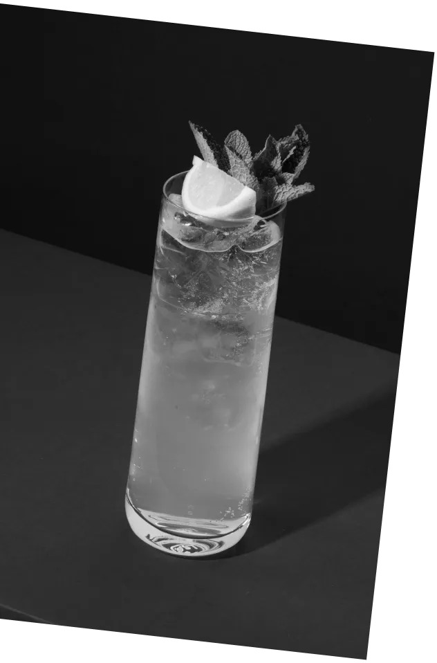 Black and white picture of Axia Mastiha Greek Spirit and Oriole London Axia Lemonade Cocktail