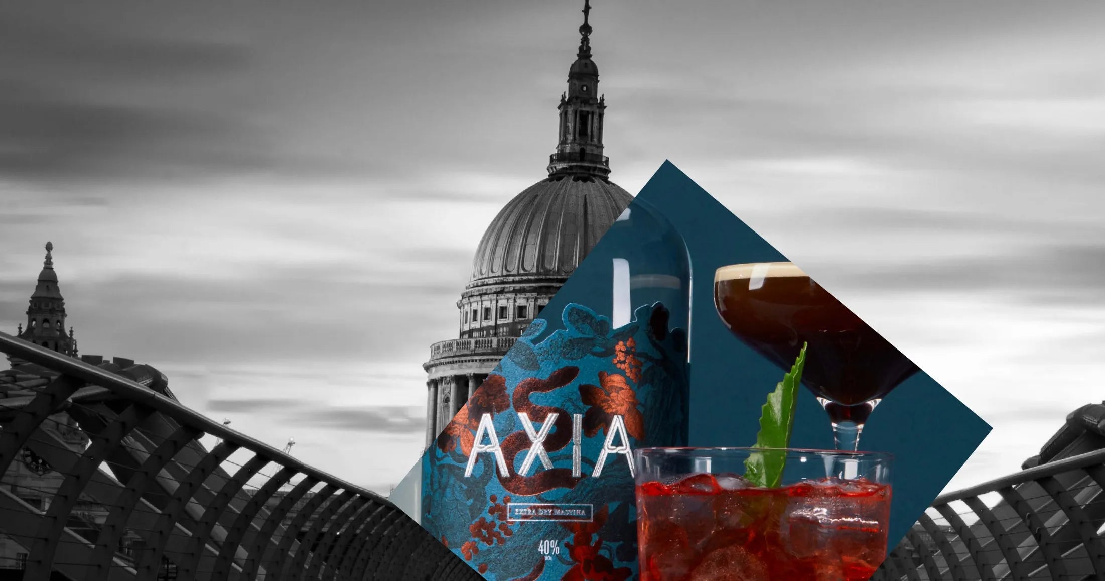 Axia Spirit bottle with two cocktails on top of a black and white picture of St Paul's Cathedral in London