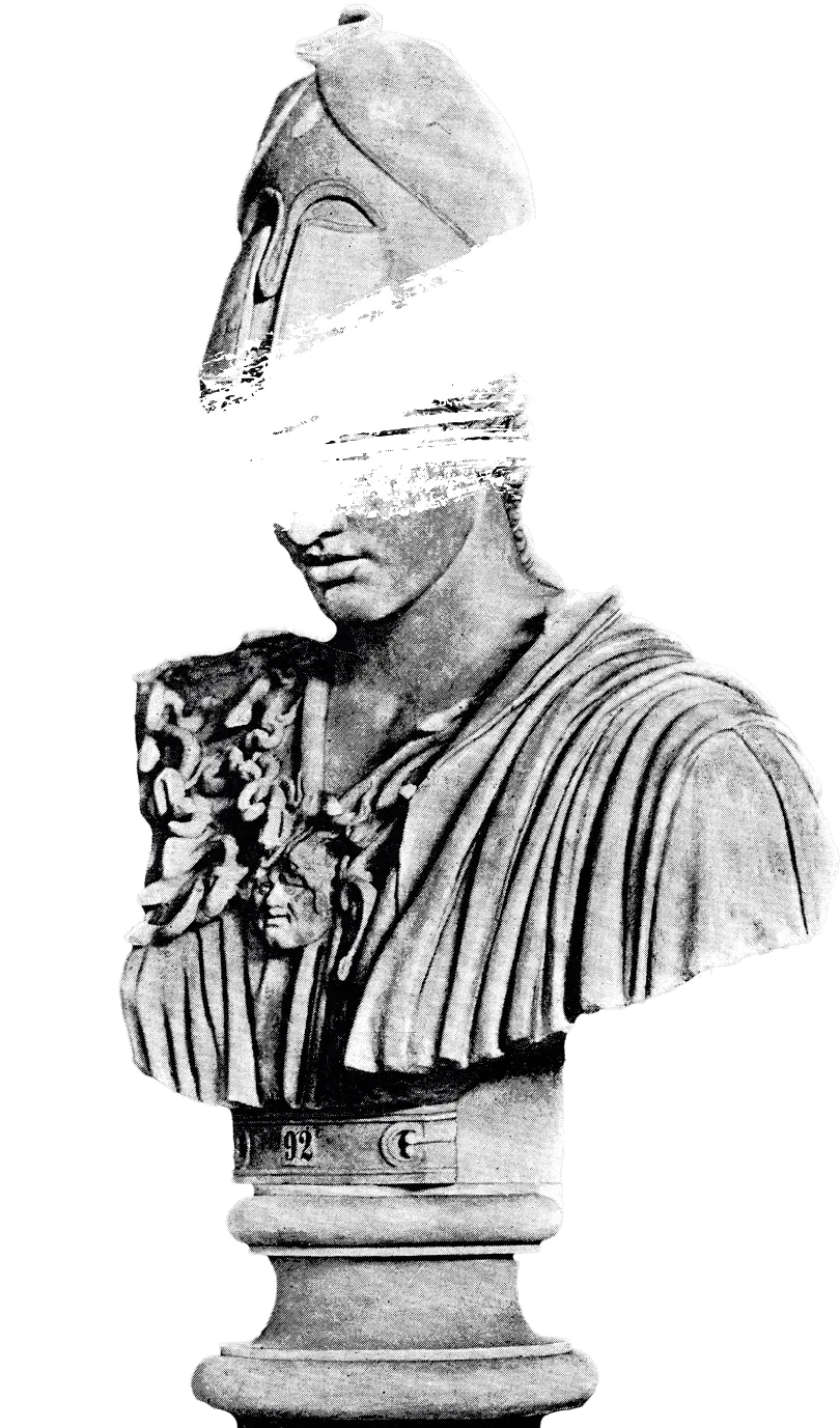 Axia Spirit black and white illustration of a greek statue chest with white paint covering the eyes