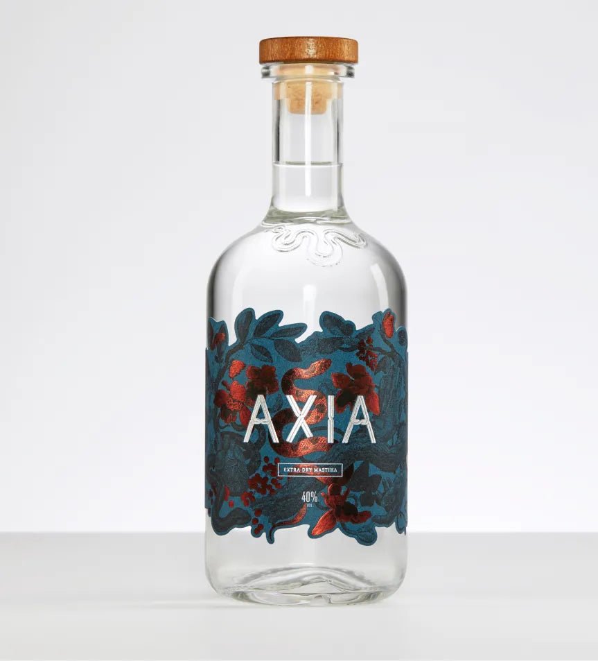 Axia Mastiha Spirit bottle on a plain light grey background