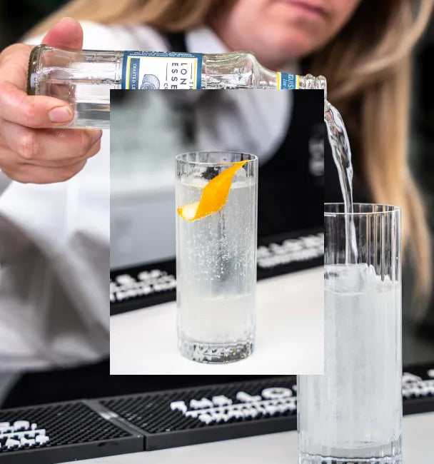 Axia Greek Mastiha Spirit and London Essence Lemonade Collins Cocktail on a bar with a secondary picture in the background of another Collins cocktail with London Essence being poured