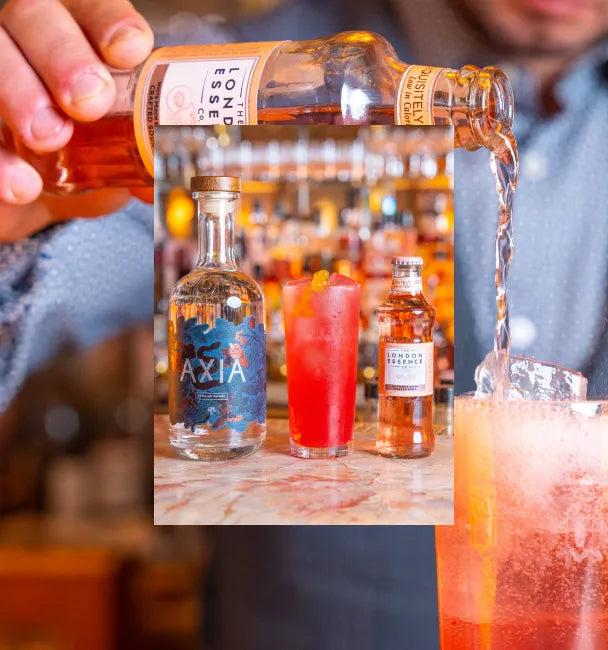 Axia Greek Mastiha Spirit and London Essence soda in a Louie London Cocktail with a secondary picture in the background of another Koura Highball cocktail